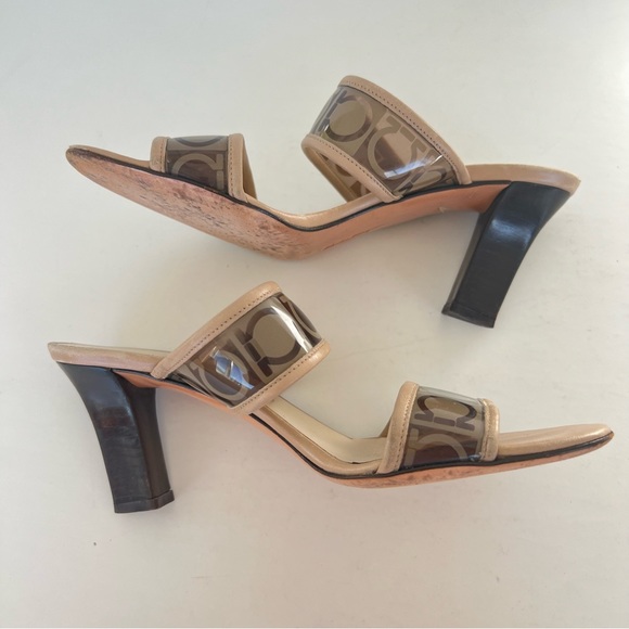 SALVATORE FERRAGAMO Brown Beige Clear Straps Slides Slip On Heels Sandals Sz 7 - Picture 6 of 16